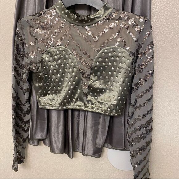 Glamour solo dance costume custom silver gray 2 piece maxi skirt crop top XLC - Picture 2 of 15